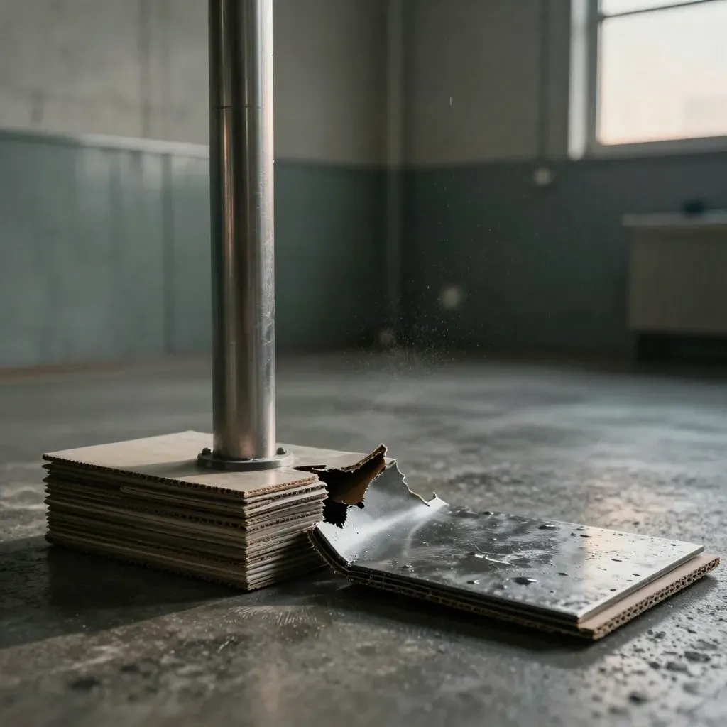 Drop-test tower crushing a carton corner beside polymer coupons on a concrete lab floor.