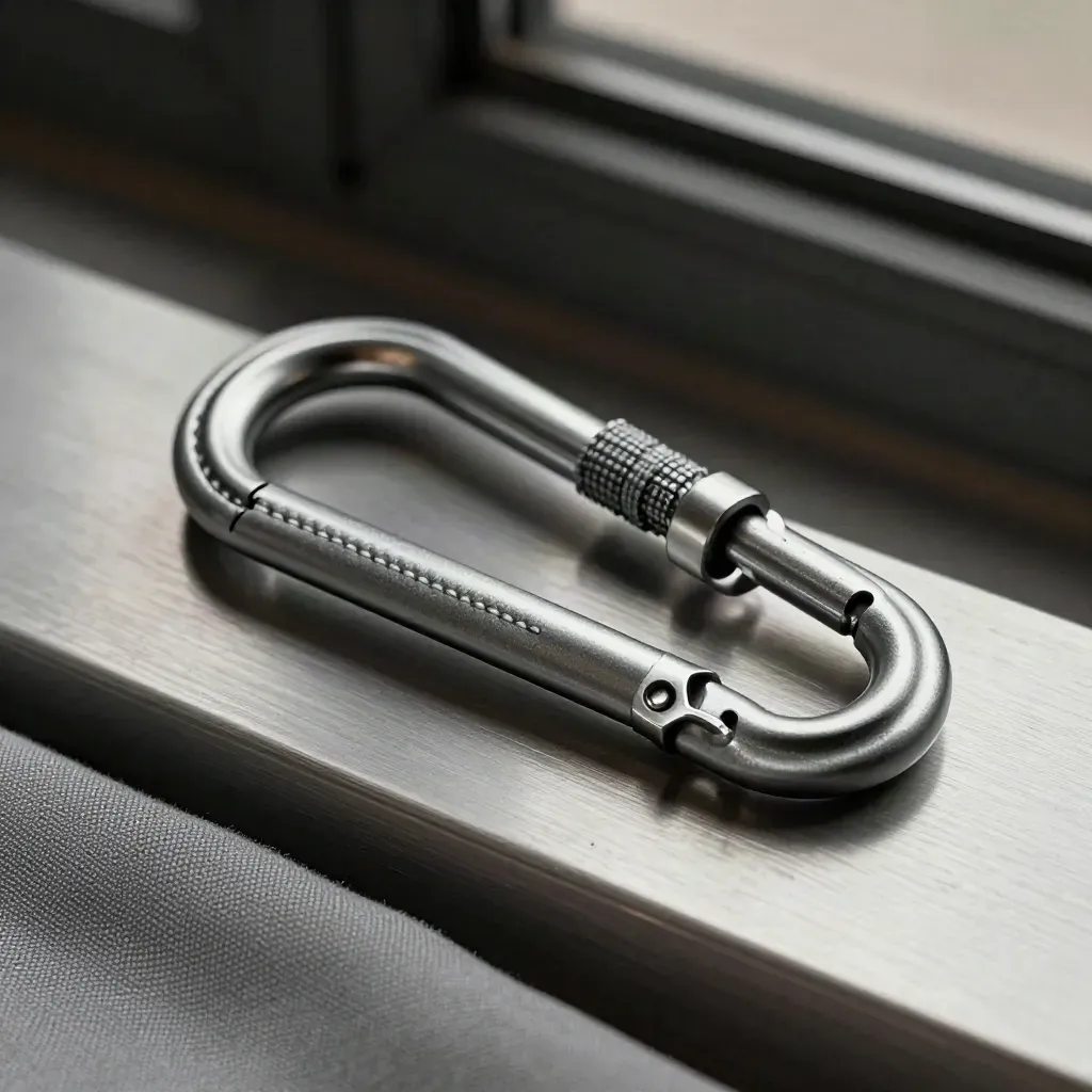 Titanium carabiner, seam sample, cord lock and buckle on brushed aluminum under dramatic studio light.