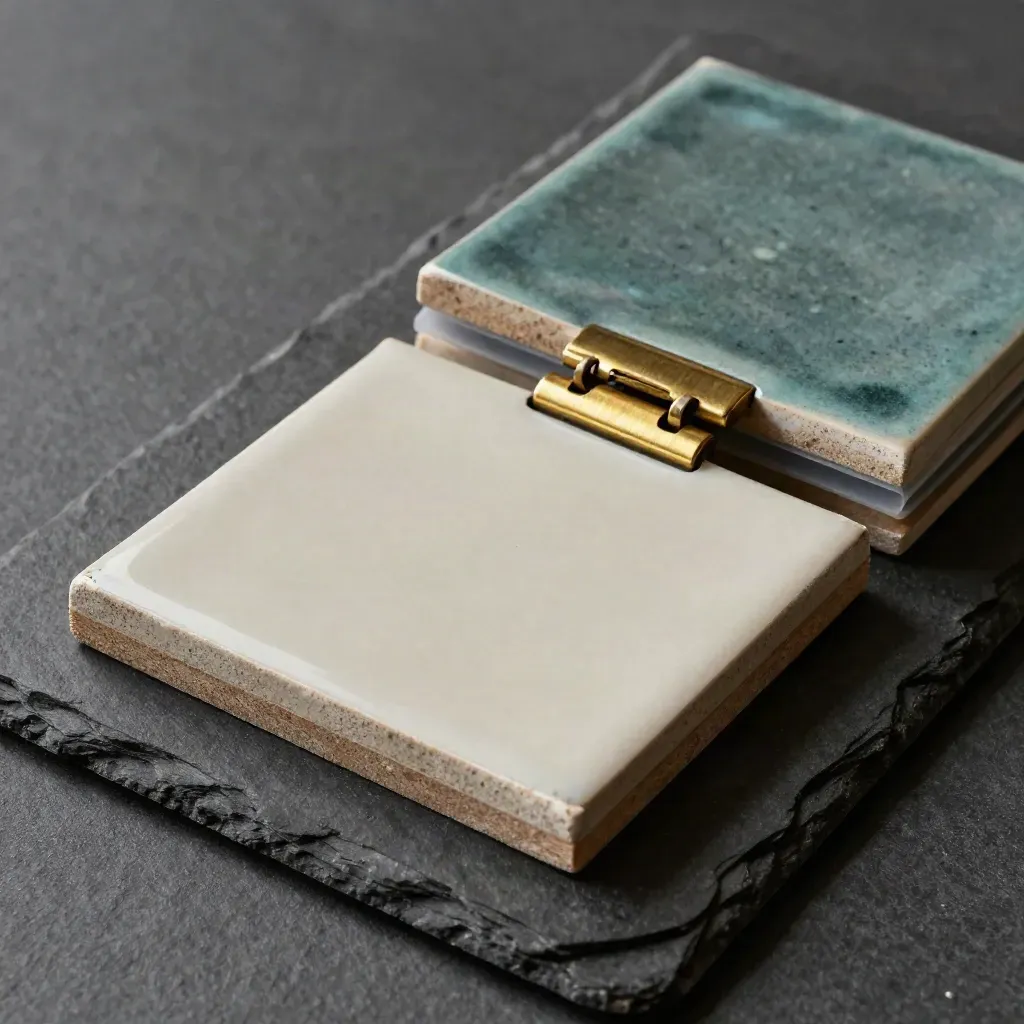 Top-down close-up of tile, brass hinge, gasket and oak veneer on dark slate