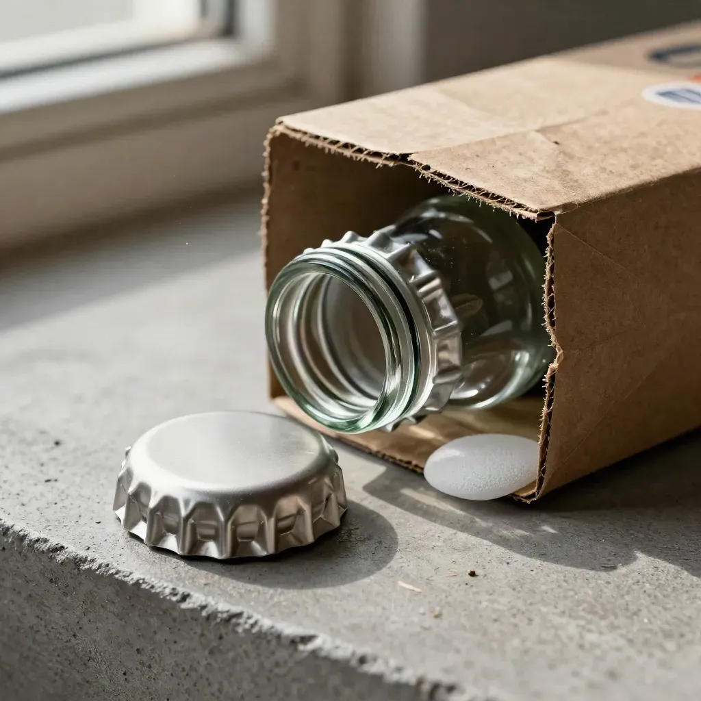 Macro of a crimped bottle cap, glass ring, carton corner and foam spacer on a concrete bench.