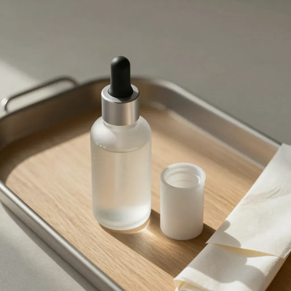 Top-down still life of beauty packaging parts on pale oak under soft daylight