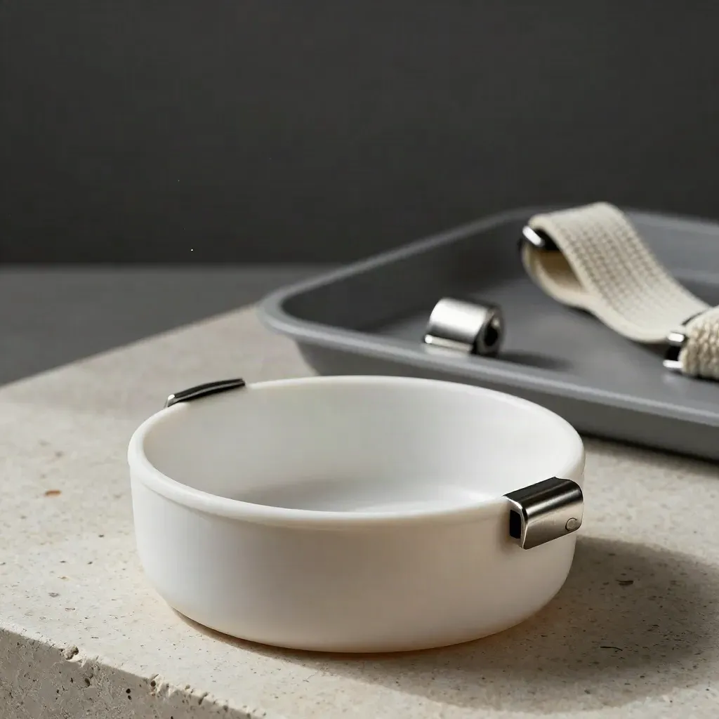 Pet product inspection still life with silicone bowl rim, latch, tray, and strap on stone.