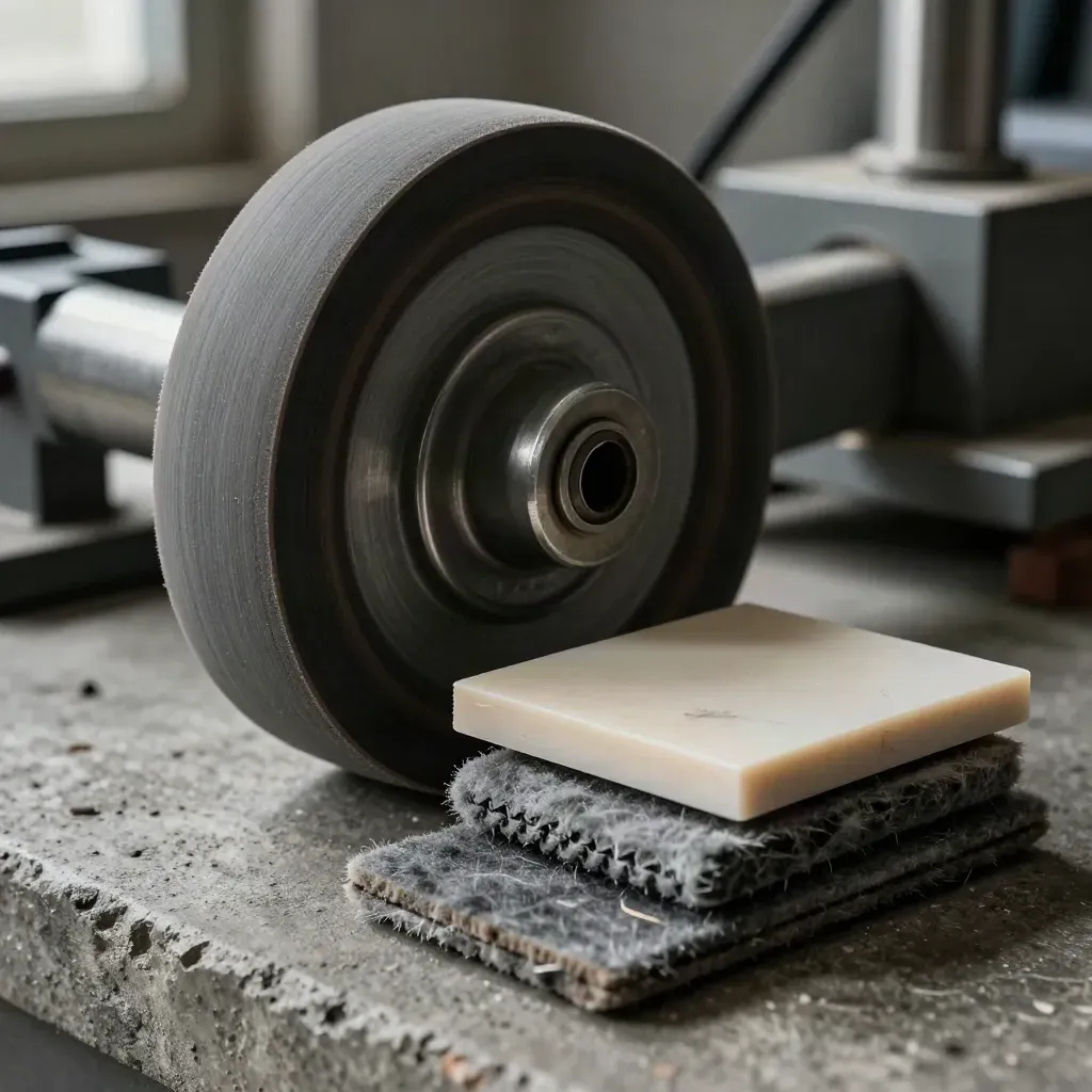 Abrasion wheel, scuffed polymer tile, and worn felt pads on concrete in a wear-cycle test still life