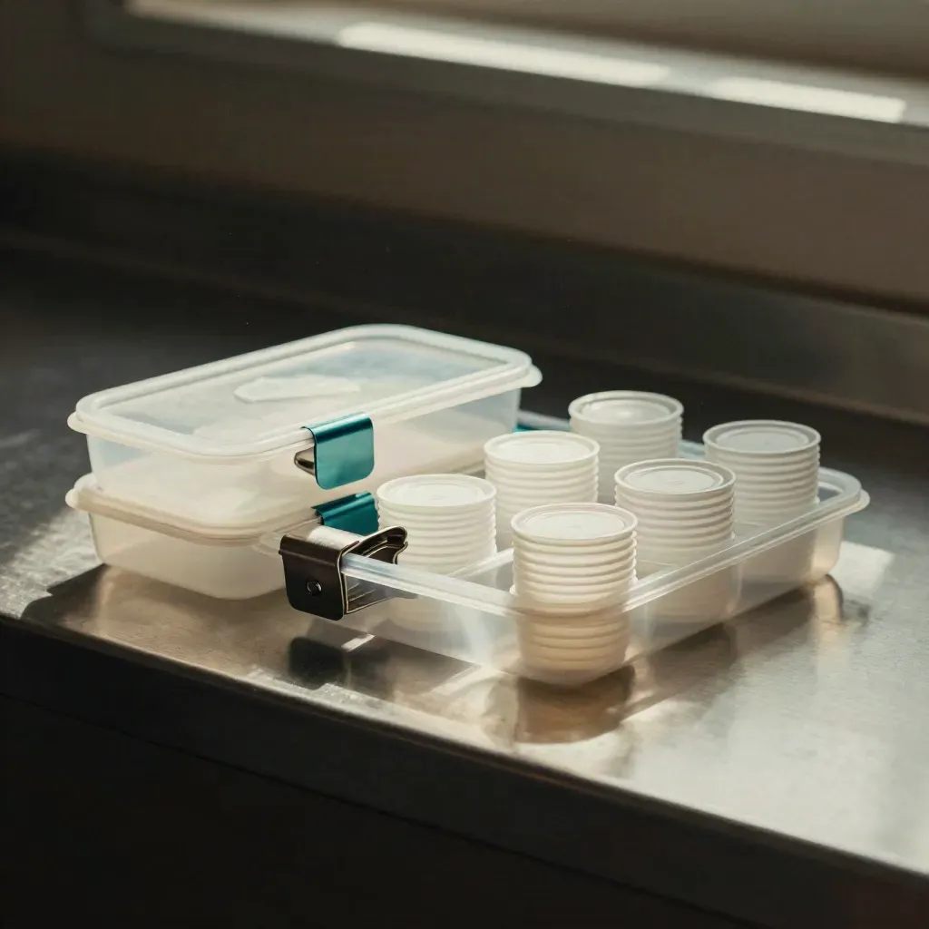 QA validation trays, tamper clips, and nested sample cups on a brushed-metal bench.