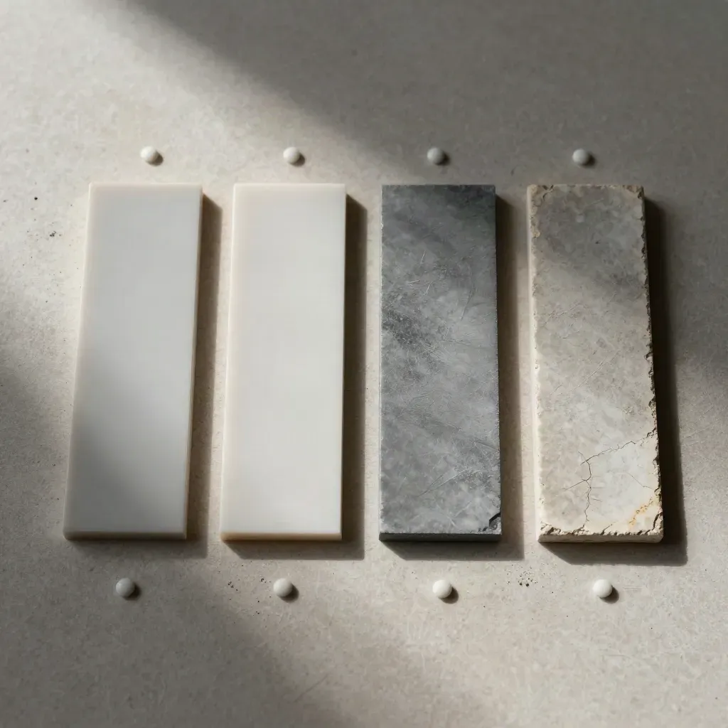 Top-down material test coupons aging from new to crackled on pale stone