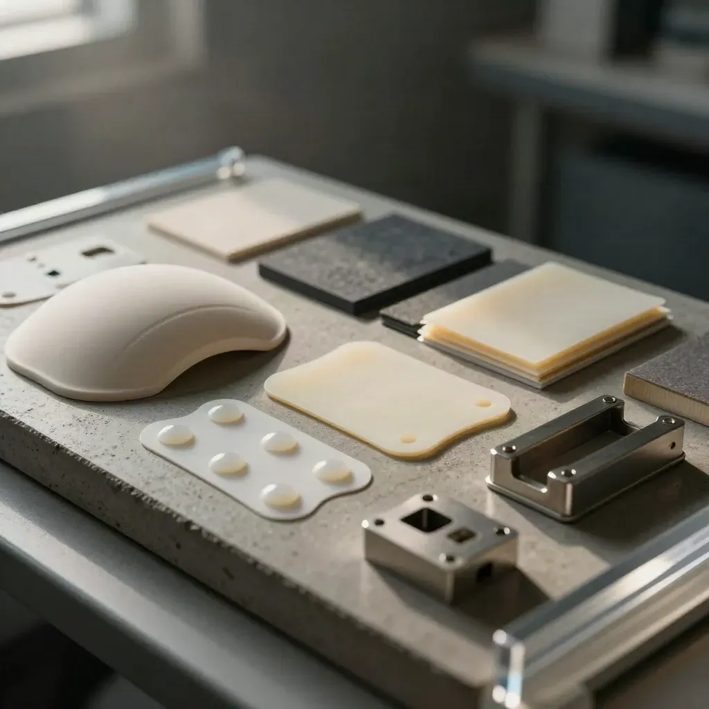 Prototype shell, swatch fan, adhesive dots, and fixture blocks on a lab slab through blurred acrylic.