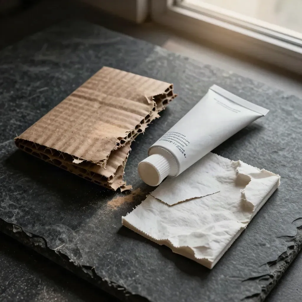 Crushed mailer tube, corrugated corner, and pulp insert on dark stone in dramatic top-down light.