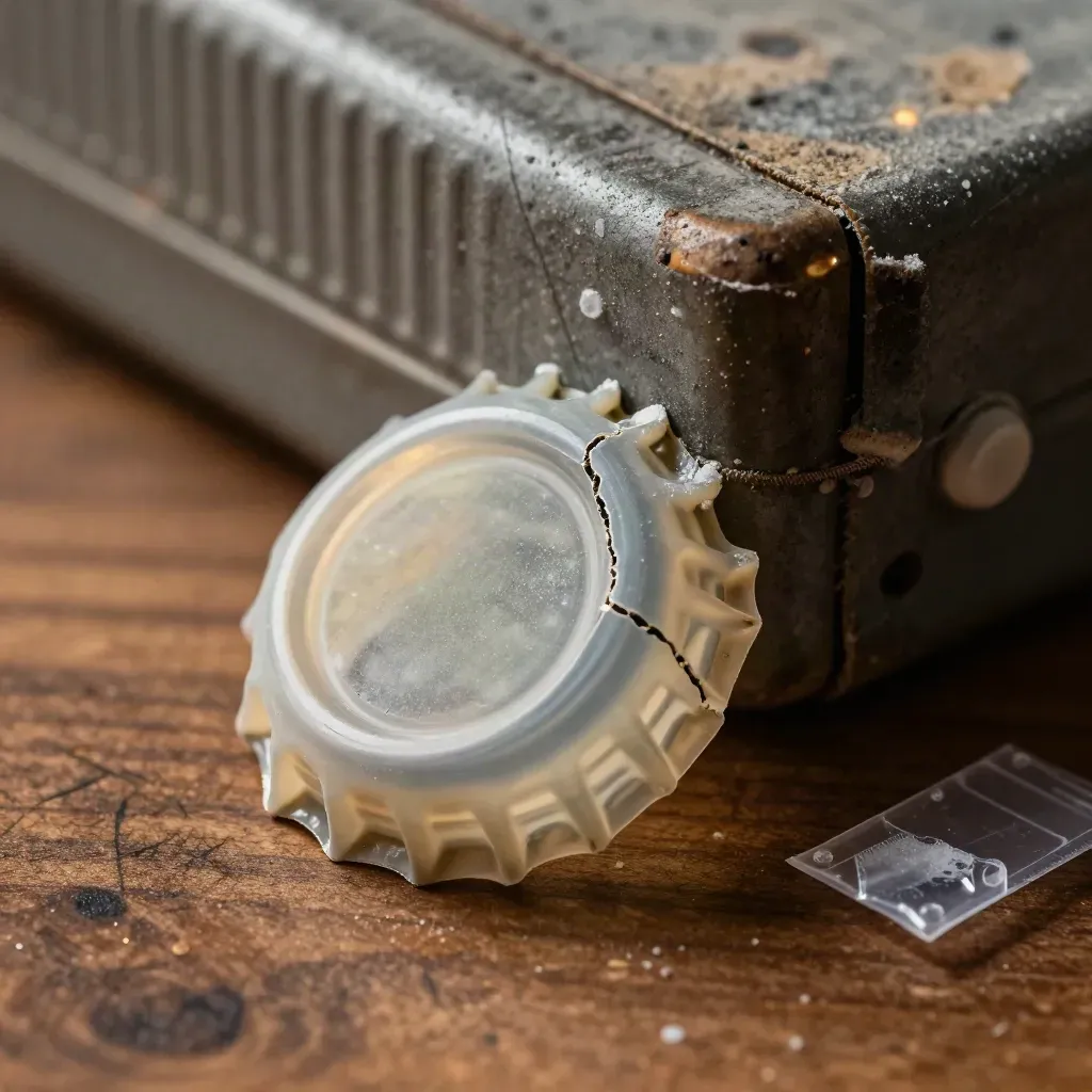 Cracked bottle cap, tote corner, and shrink-wrap puck in macro detail on a warehouse surface