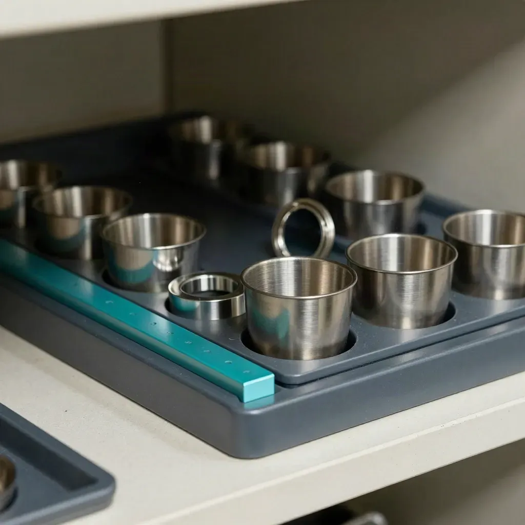 Inspection trays, sample cups, ring gauges, and fixture blocks on a concrete shelf