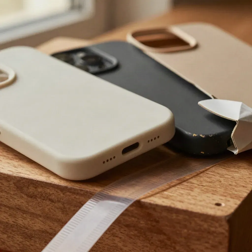 Close-up of pristine and worn consumer product shells beside a scuffed packaging corner.