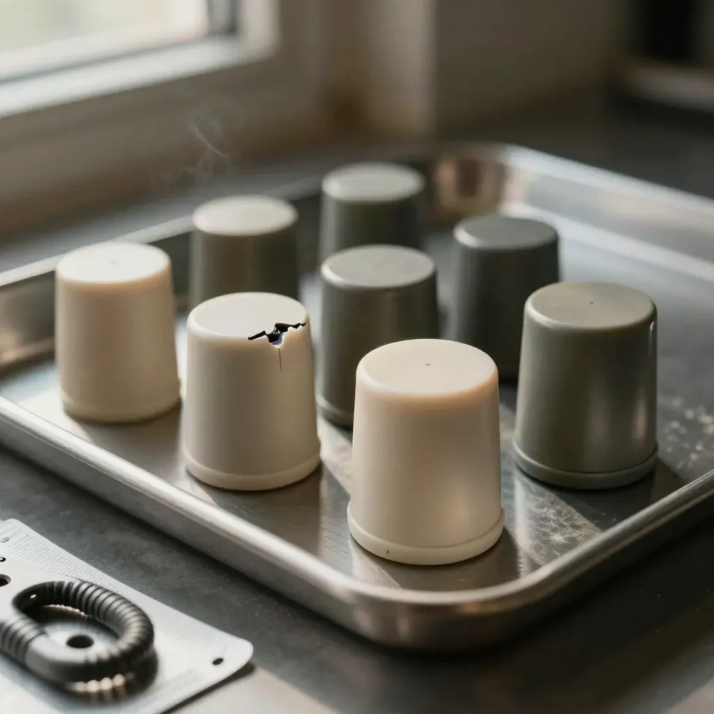 Appliance knobs, broken fastener and steel jig on brushed metal in moody lab light.