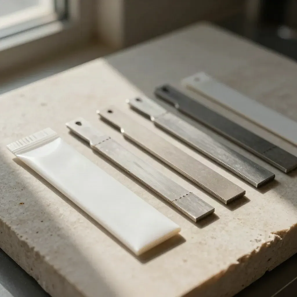 Top-down lab still life with worn test coupons, a sealed pouch, and a fresh prototype stub on pale stone.