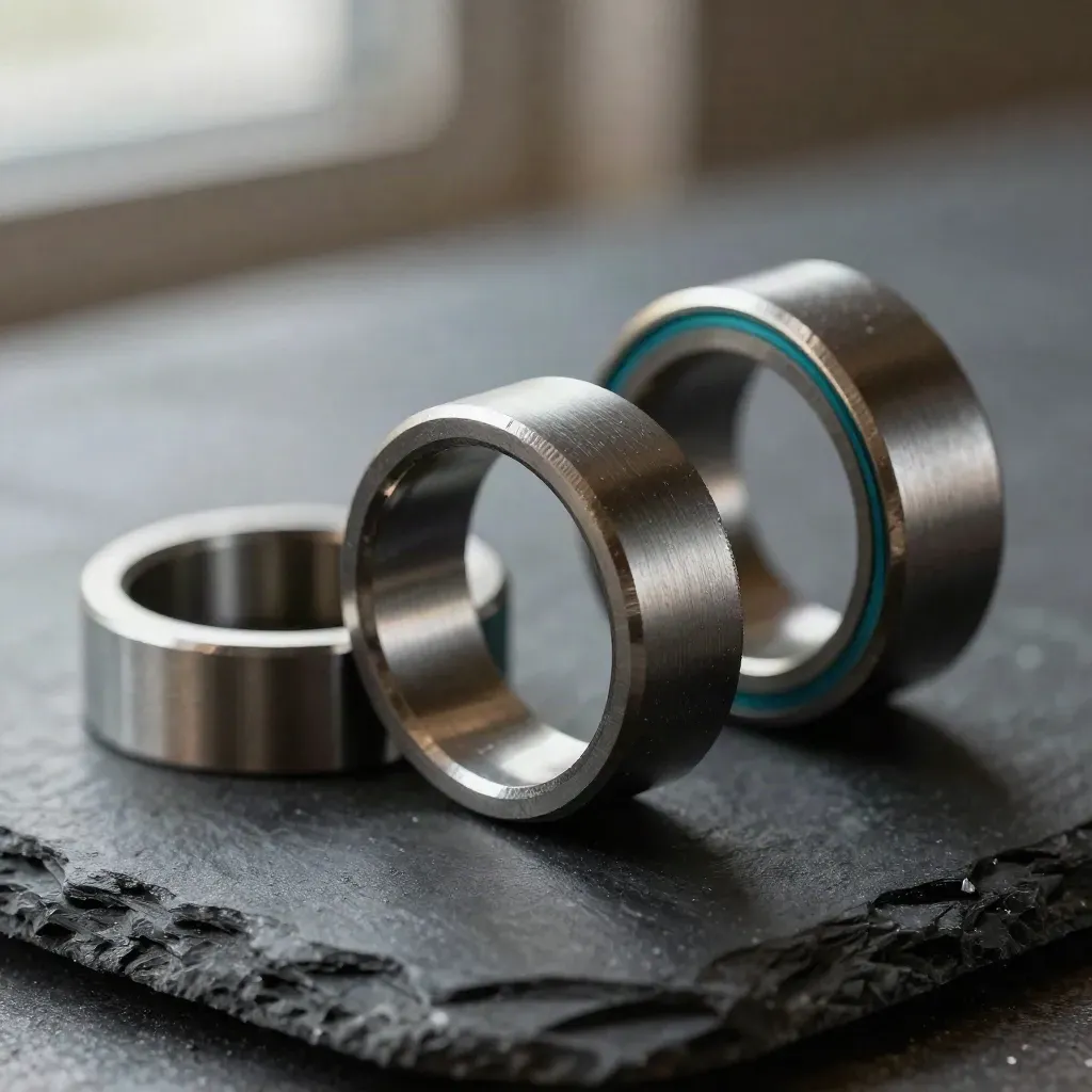 Linked machined rings and a precision connector pair on dark slate with a subtle teal accent.