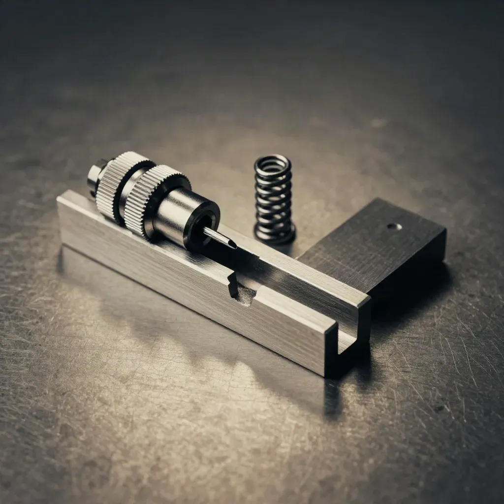Top-down still life of aluminum blocks, a knurled coupler, and a spring pin on brushed metal.