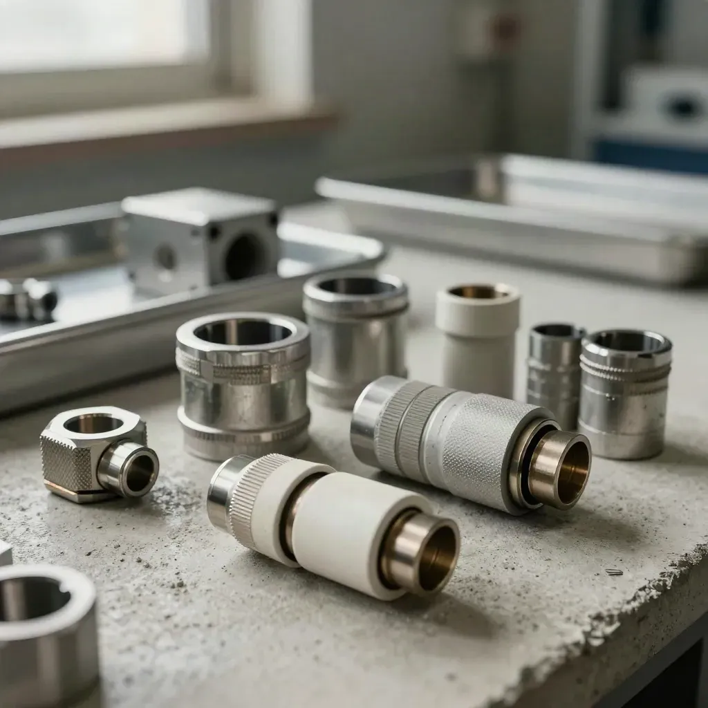 Connector sleeves and split rings on pale concrete in a hazy durability-testing lab.