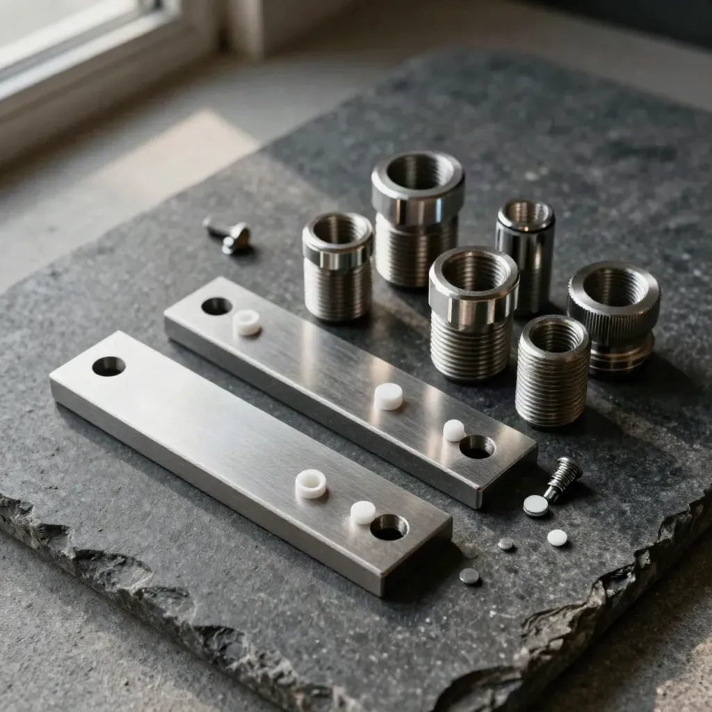 Machined bridge plates, sleeves, and magnetic couplers clustered on matte stone in soft daylight.