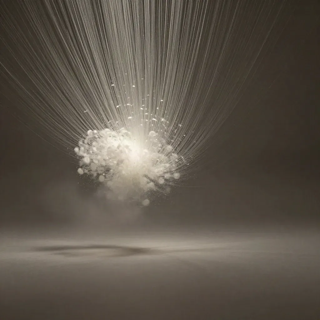 Silver light filaments converge into a soft off-centre bloom in a dark graphite void.